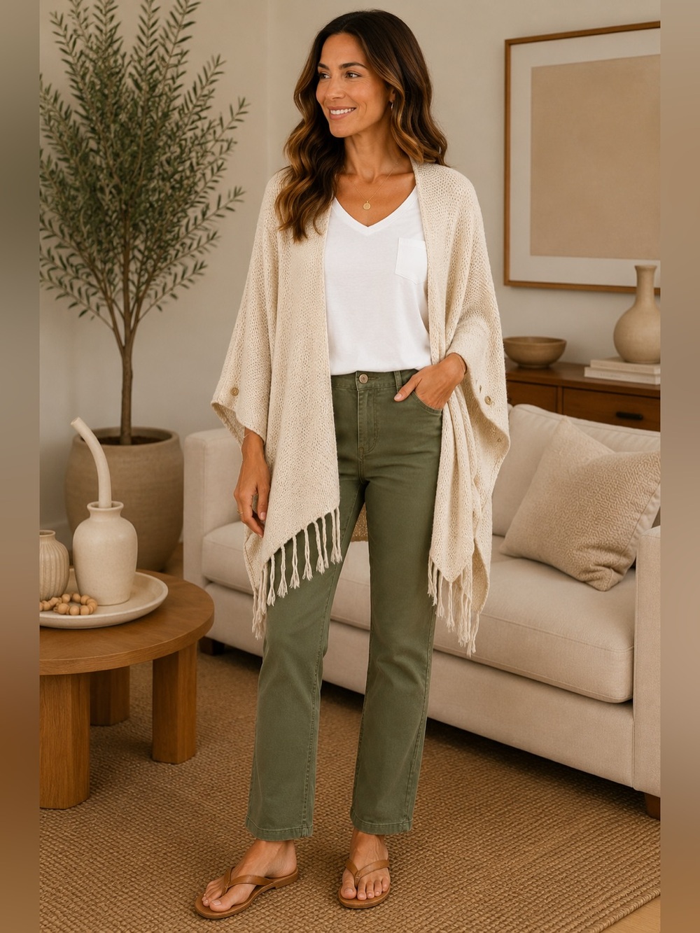 Kensie Cream Soft Knit Fringe Poncho Sweater Wrap with Button Tabs - One Size